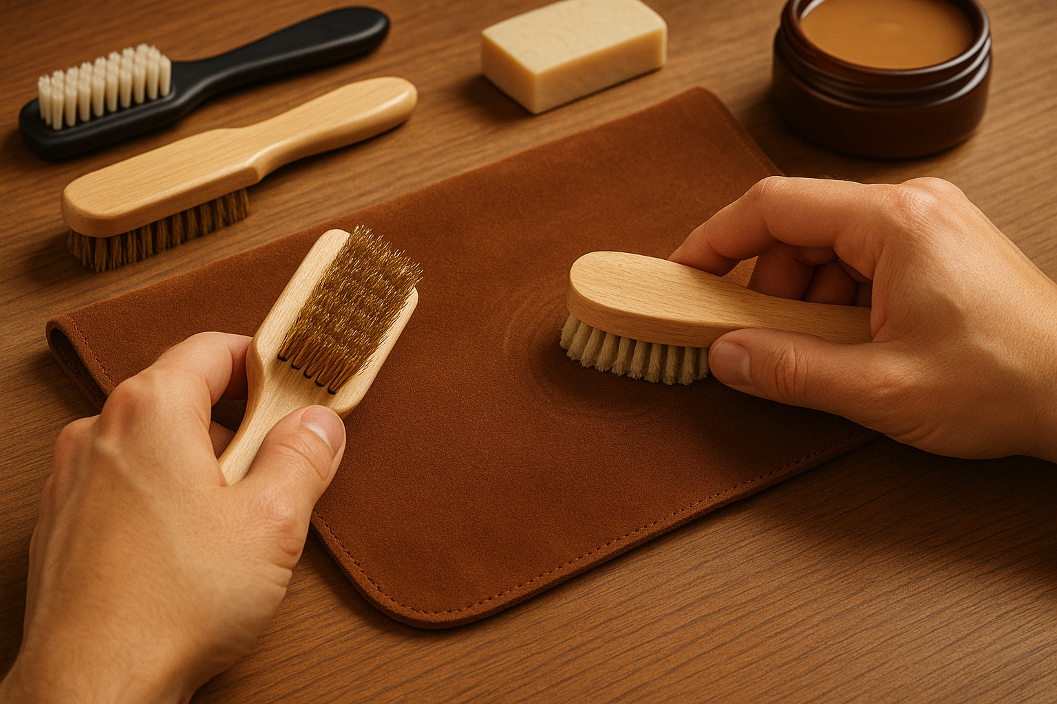 Cleaning nubuck leather with special brushes